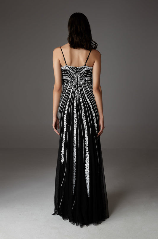 Elegant Black & White Monochrome Maxi Evening Dress-1