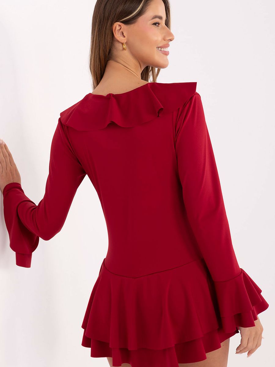 Elegant Red Ruffle Playsuit – Long Sleeve V-Neck Jumpsuit-2