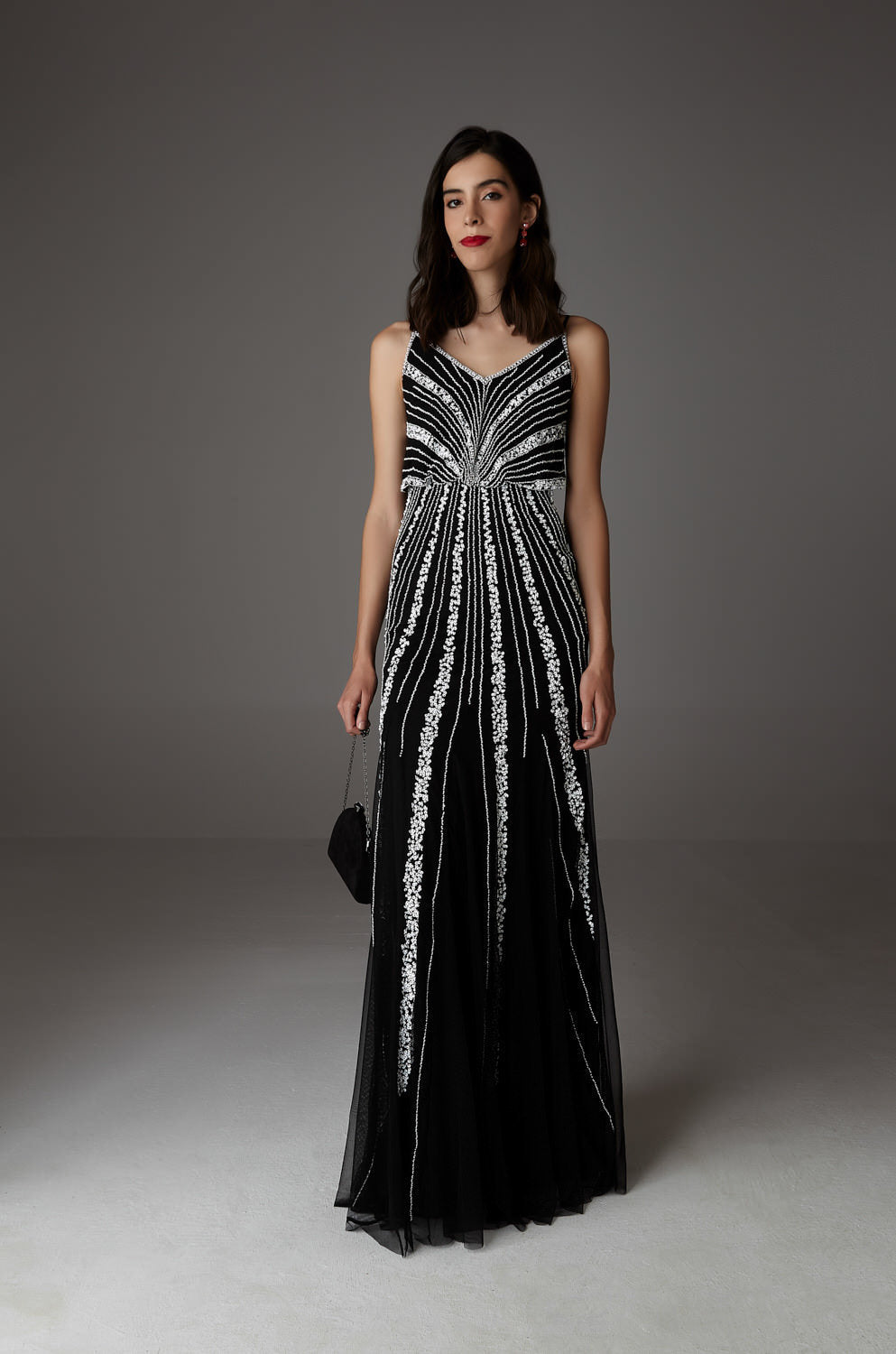 Elegant Black & White Monochrome Maxi Evening Dress-0