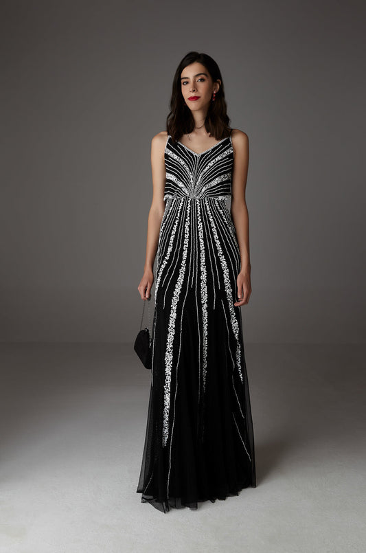 Elegant Black & White Monochrome Maxi Evening Dress-0