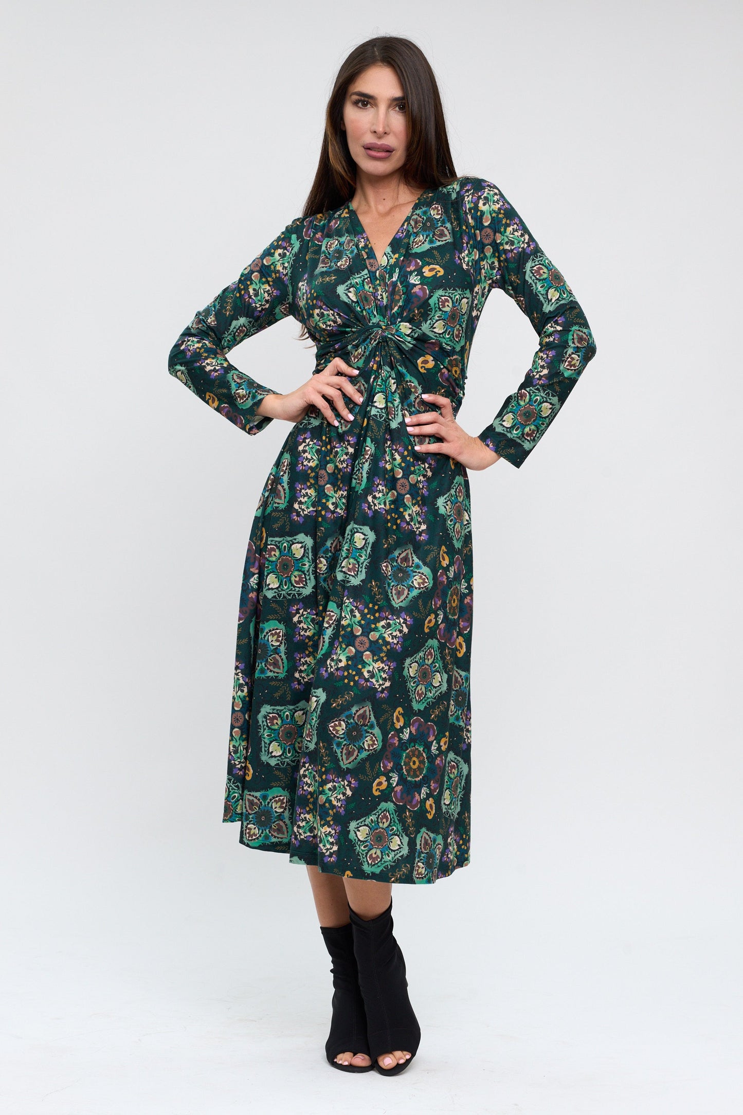 Elegant Green Printed Midi Dress