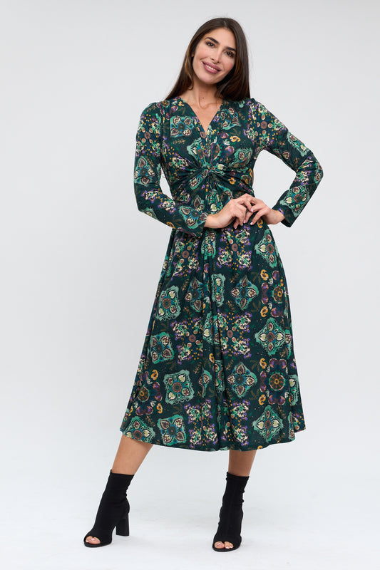Elegant Green Printed Midi Dress