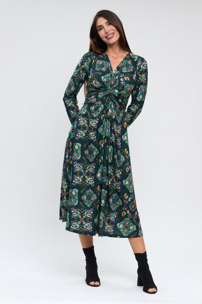 Elegant Green Printed Midi Dress