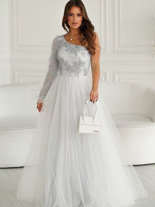 Grey One-Shoulder Lace Evening Gown-0