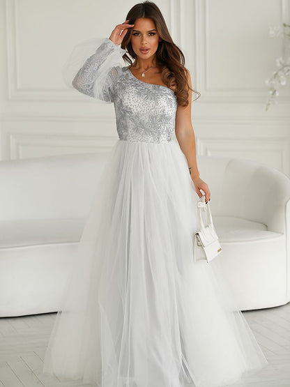 Grey One-Shoulder Lace Evening Gown-1