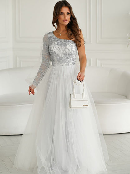 Grey One-Shoulder Lace Evening Gown-2
