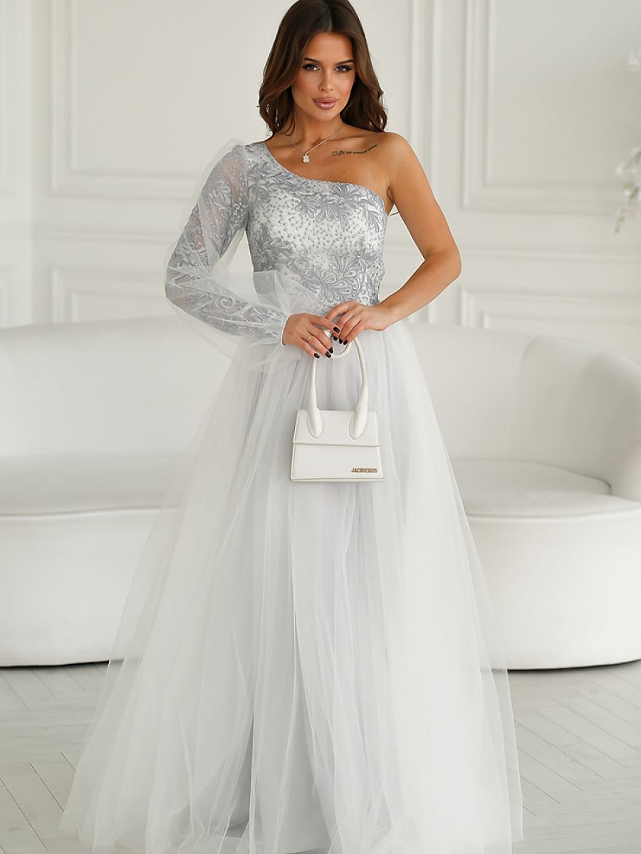 Grey One-Shoulder Lace Evening Gown-3