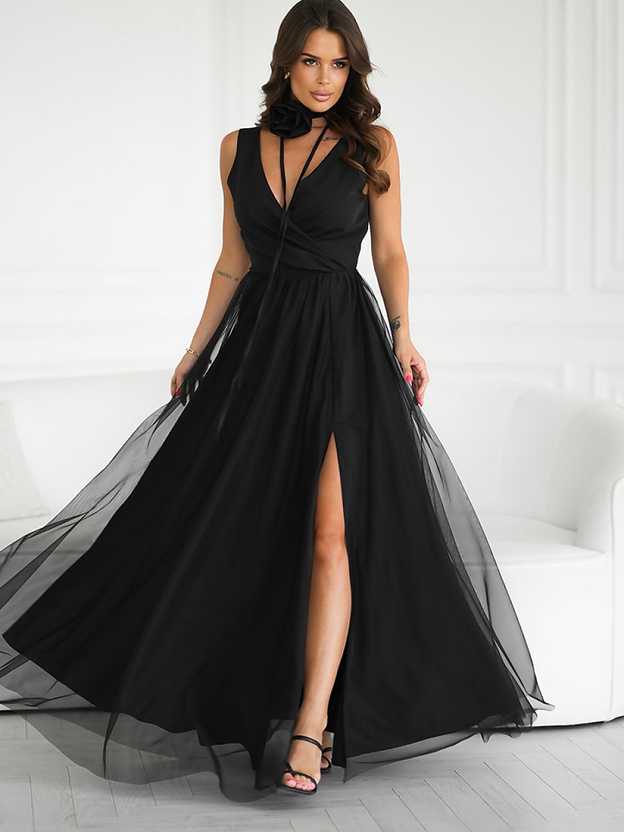 Elegant V-Neck Maxi Evening Dress – Flowing Gown with Leg Split-0