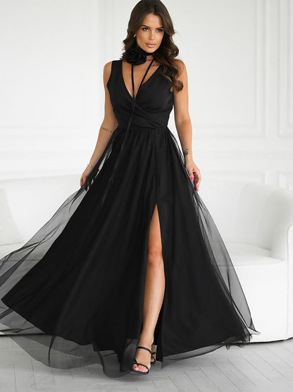 Elegant V-Neck Maxi Evening Dress – Flowing Gown with Leg Split-0