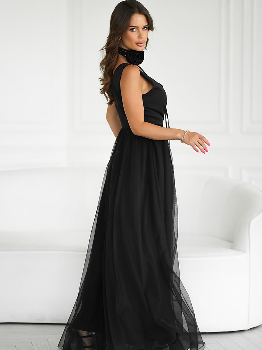 Elegant V-Neck Maxi Evening Dress – Flowing Gown with Leg Split-2
