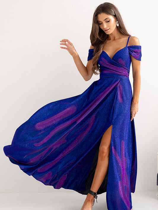 Elegant Wrap Maxi Evening Dress – Flowing Gown with Leg Split