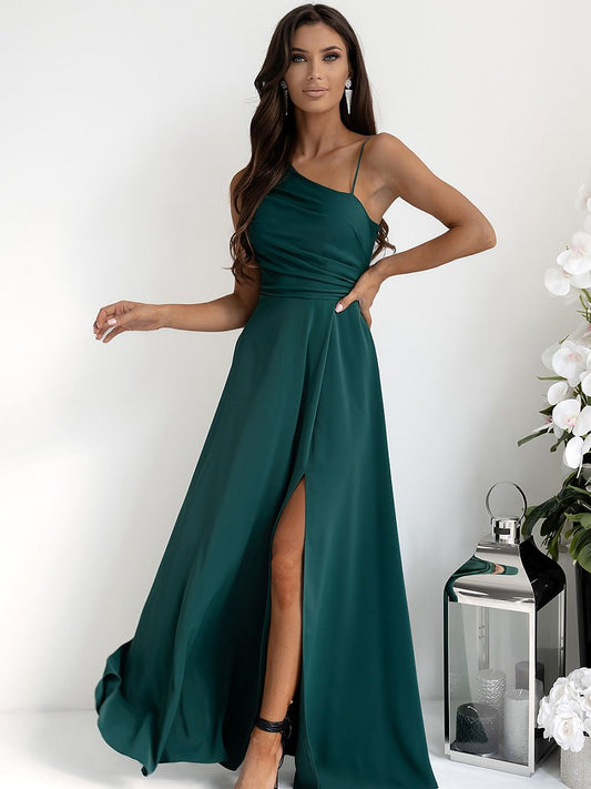 Elegant Asymmetrical Strap Evening Dress – Maxi Gown with Leg Split