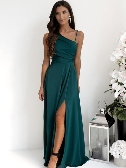 Elegant Asymmetrical Strap Evening Dress – Maxi Gown with Leg Split
