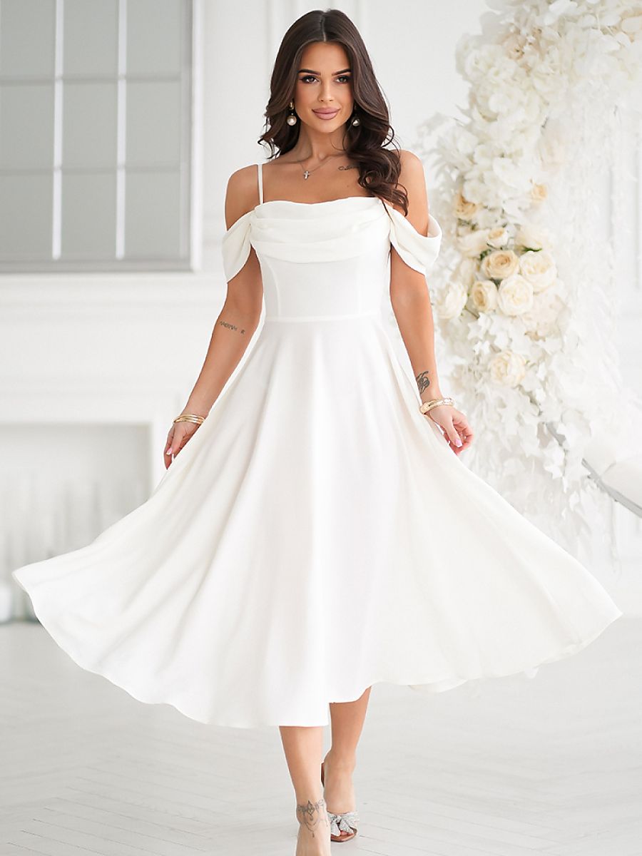 Elegant Off-Shoulder Midi Evening Dress – Flowing Summer Dress-0