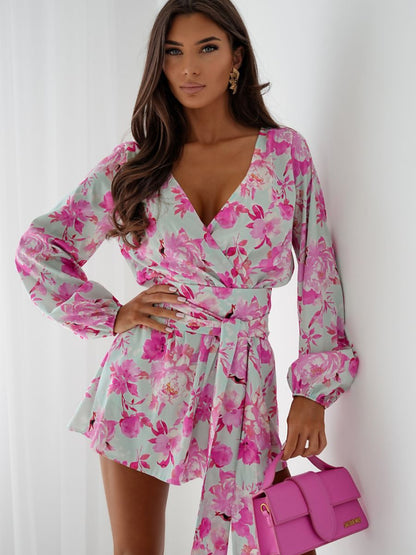 Romantic Pink Floral Wrap Playsuit – Elegant Summer Jumpsuit-0