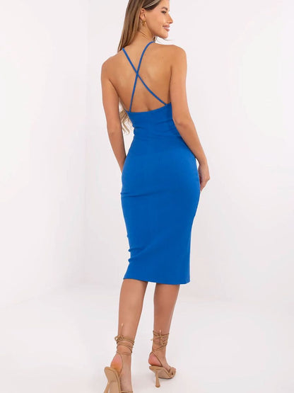 Blue Ribbed Bodycon Midi Dress-1
