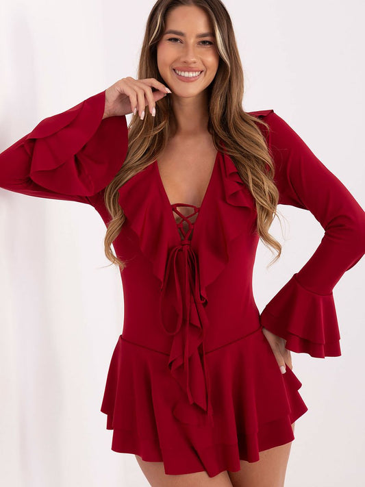 Elegant Red Ruffle Playsuit – Long Sleeve V-Neck Jumpsuit-0
