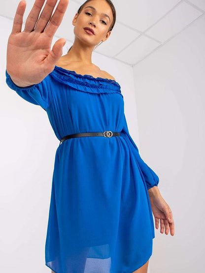 Elegant Blue Off-Shoulder Mini Dress – Casual Belted Day Dress-0