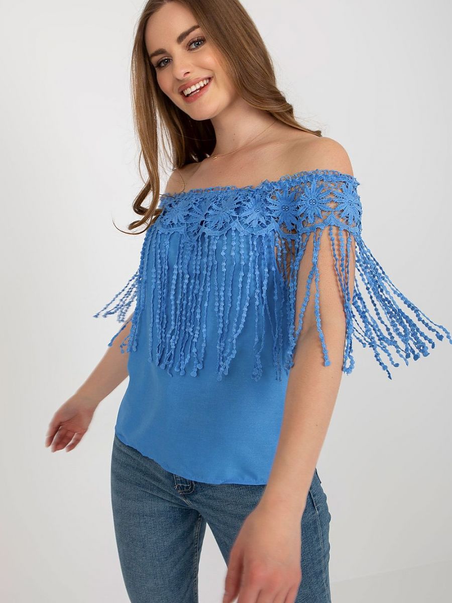 Boho Blue Off-Shoulder Top with Lace Tassels-1