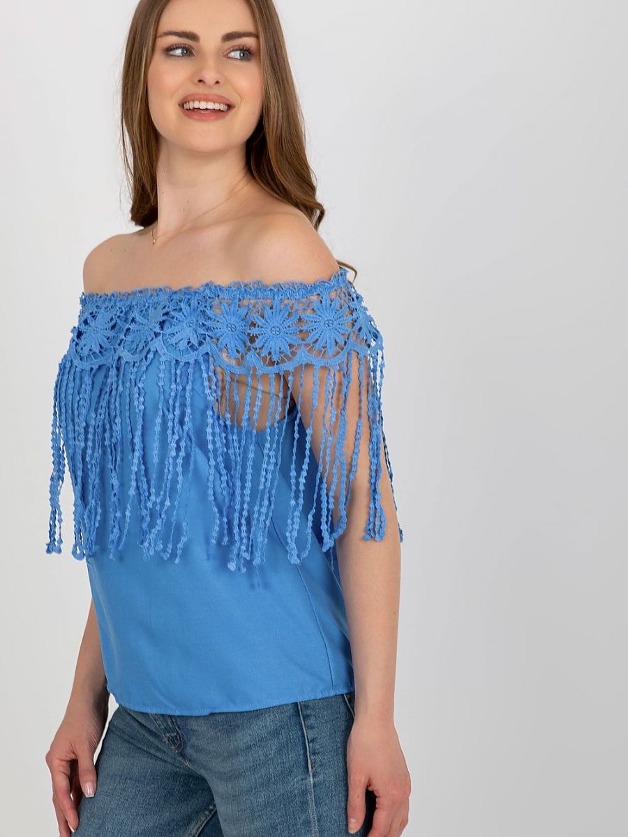Boho Blue Off-Shoulder Top with Lace Tassels-2