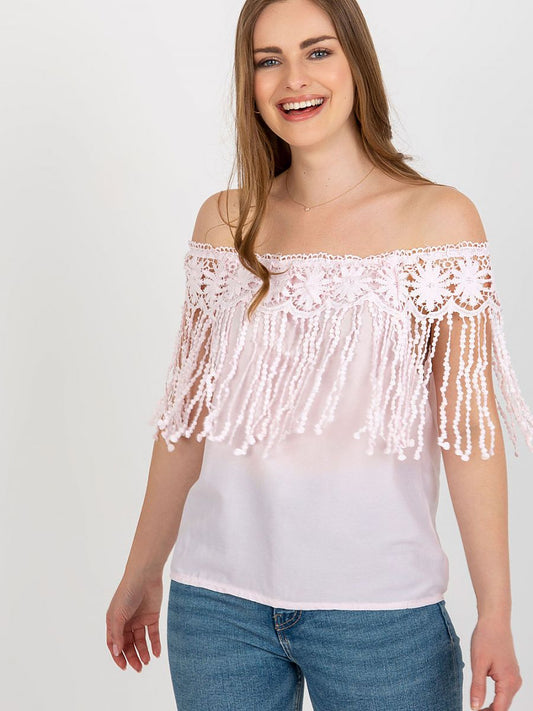 Boho Pink Off-Shoulder Top with Lace Tassels-0